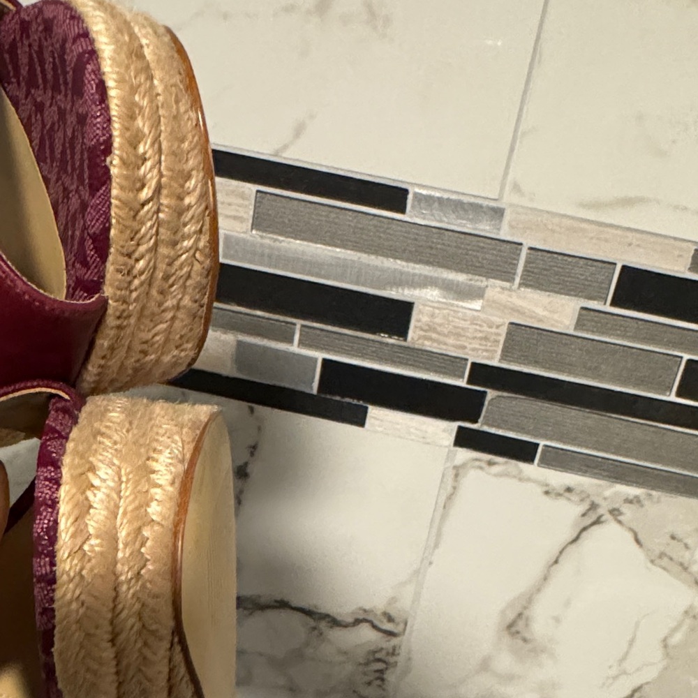 Michael Kors Burgundy and Tan Wedge Sandals - Picture 14 of 16